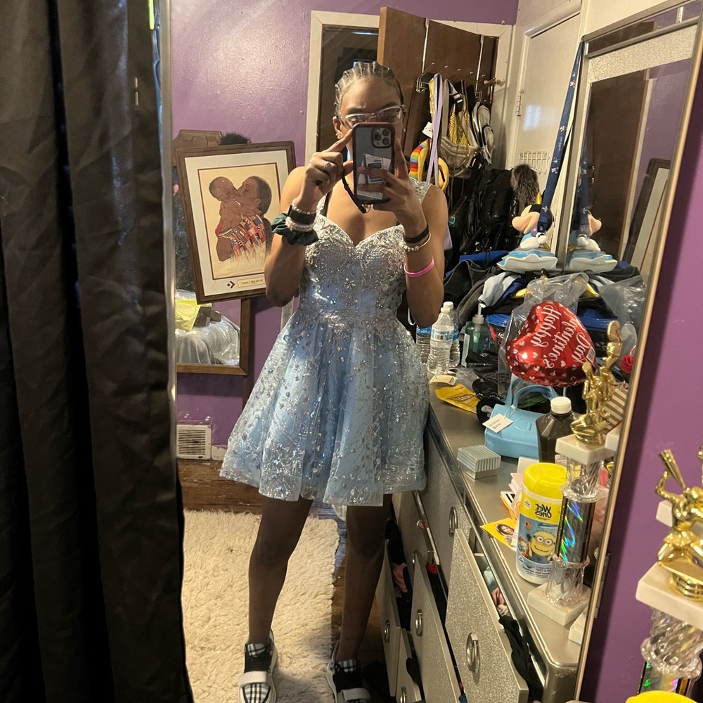 New York & Company Blue Sequin Embellished Mini Dress